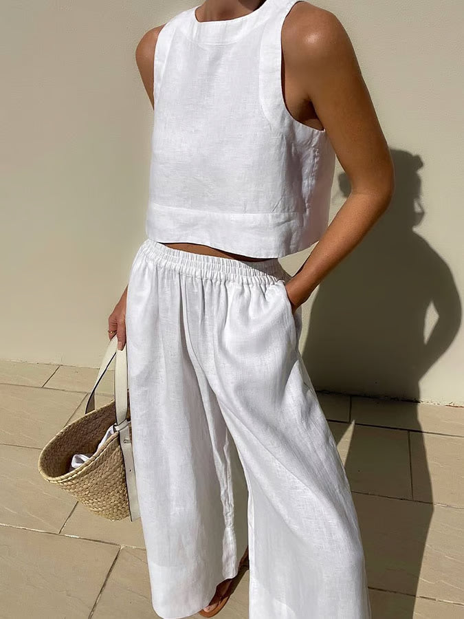 Ensemble décontracté en lin de couleur unie